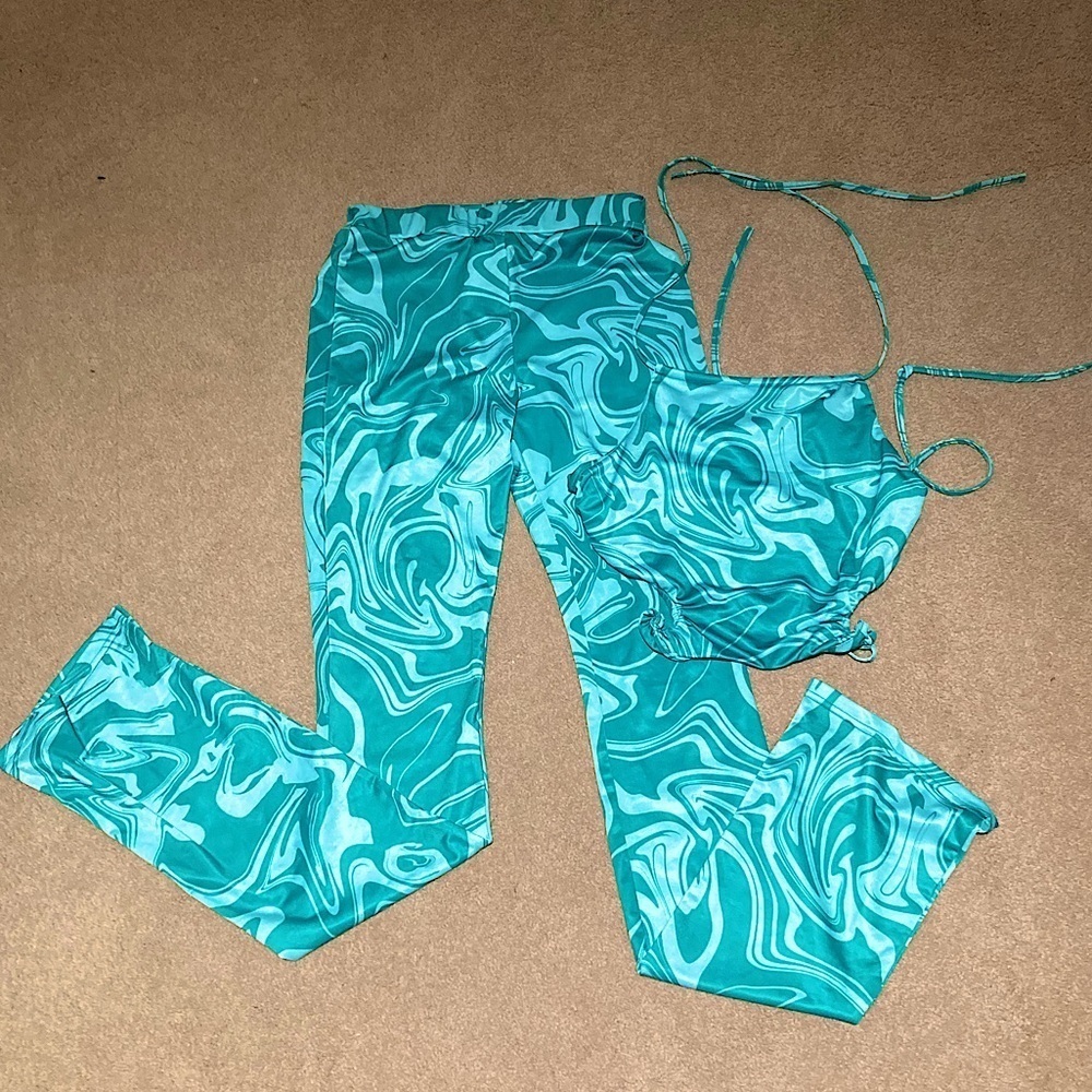 Pant and Halter Top Coord Set Green Marble Print Y2K x 70s Hippie Bell Bottom - Picture 2 of 8